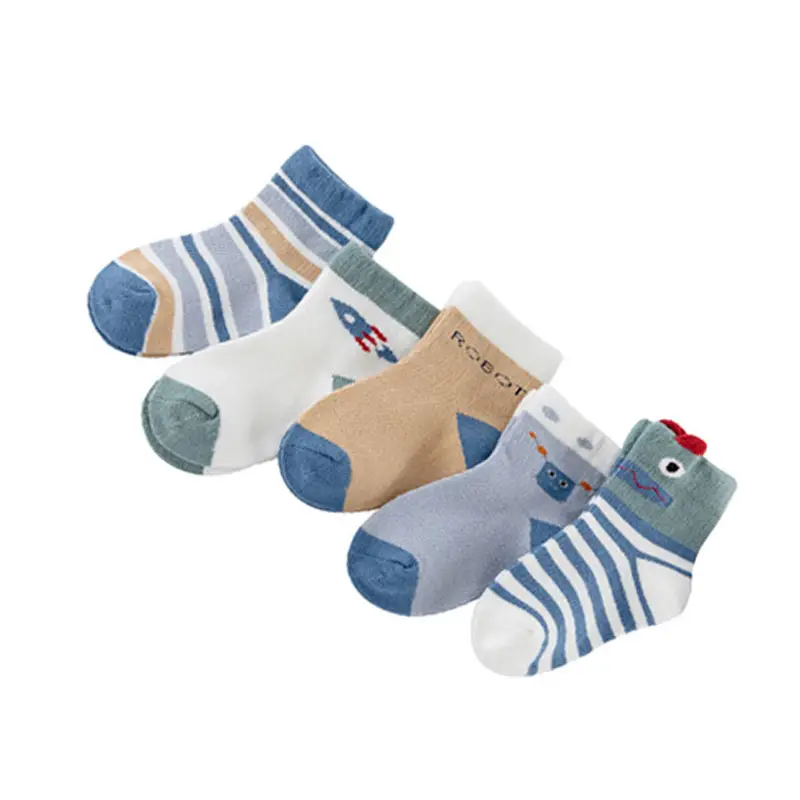 A set of five pairs of socks with different designs.