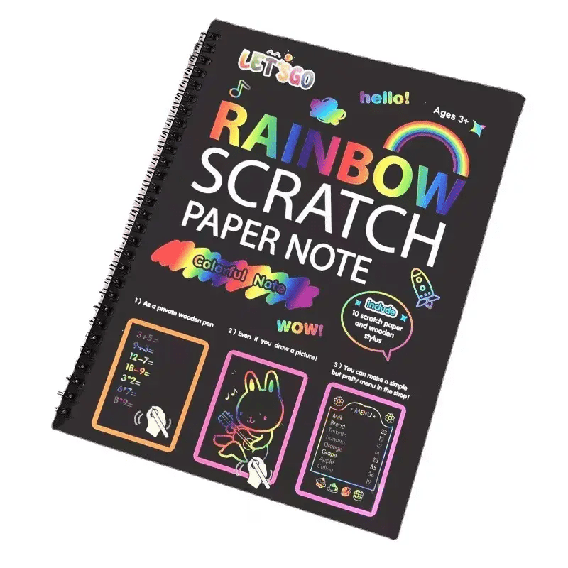 A black spiral notebook with rainbow scratch paper.