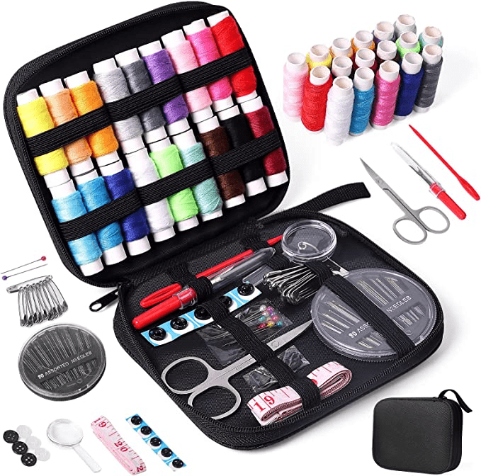 A sewing kit with many different colors of thread.